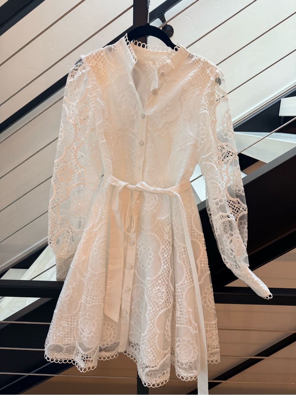 White Floral Lace Long-Sleeve A-Line Dress - size small